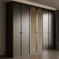 Modern Wardrobe Design With Dark Cabinetry Rattan Panel Doors And Metal Handles