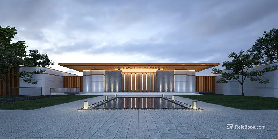 Modern Sales Office Building With Pool Courtyard And Illuminated Facade Design 3d model 