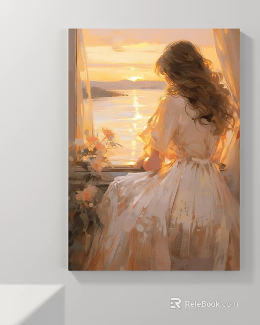 Portrait of Girl in Light Dress Sitting by Window Watching Sunset Sea with Vase Flowers 3d model 