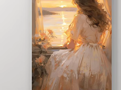 Portrait of Girl in Light Dress Sitting by Window Watching Sunset Sea with Vase Flowers 3d model