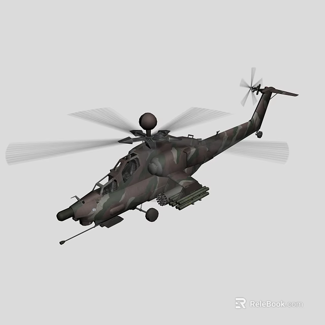 Military Helicopter with Camouflage Paint and Rotors Equipped with Weapons and Design Details 3d model 