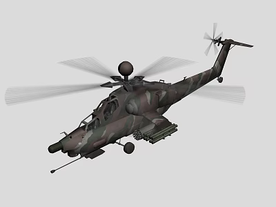 Military Helicopter with Camouflage Paint and Rotors Equipped with Weapons and Design Details 3d model