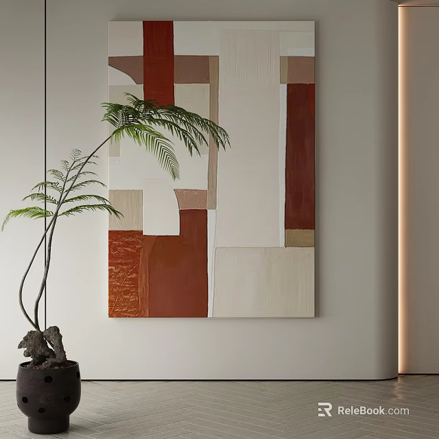 Modern Abstract Painting With Brown Beige Red Blocks And Palm Plant In Minimal Interior 3d model 