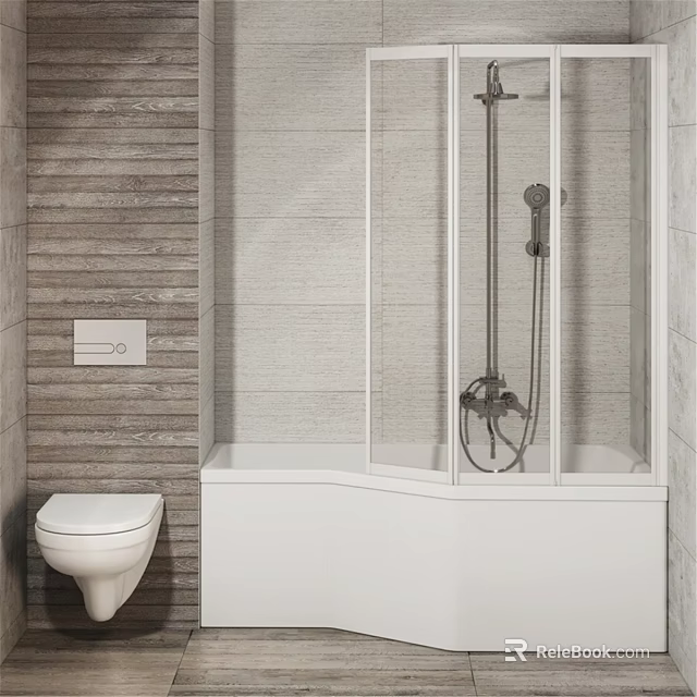 Modern Shower Sauna Area With Glass Door White Bathtub And Wooden Wall Tiles 3d model 