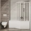 Modern Shower Sauna Area With Glass Door White Bathtub And Wooden Wall Tiles