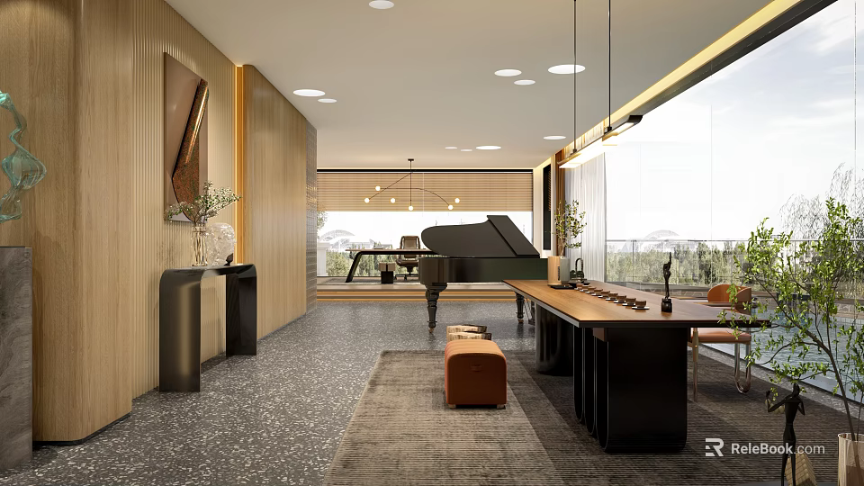 Modern Piano Room Interior With Grand Piano And Elegant Decor 3d model 