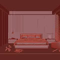 Modern Minimalist Bedroom Interior With Large Bed Wooden Headboard Gray Bedding Blinds And Accent Chair