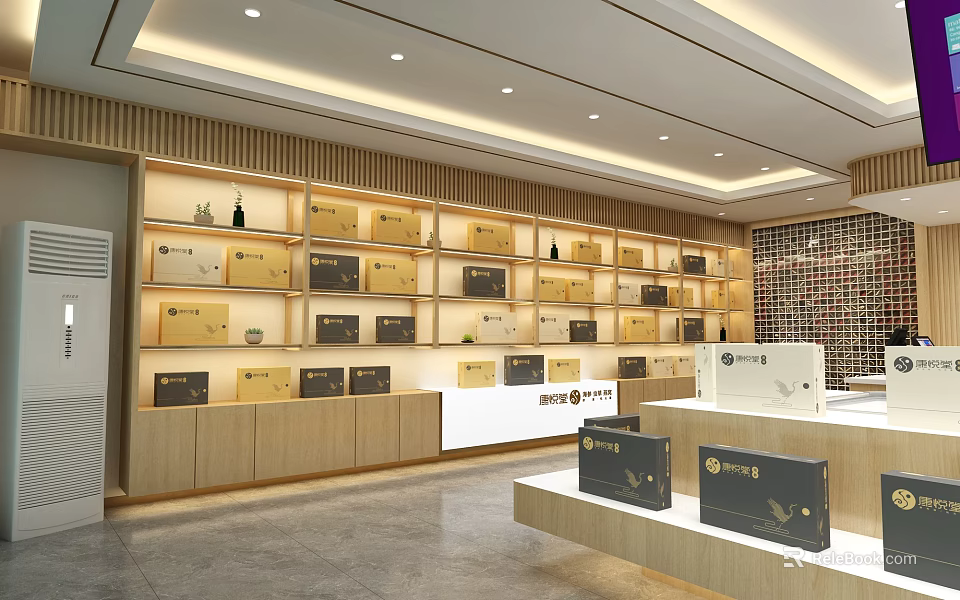 Modern Specialty Store Interior With Wooden Shelves And Product Display Counters 3d model 