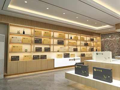 Modern Specialty Store Interior With Wooden Shelves And Product Display Counters 3d model