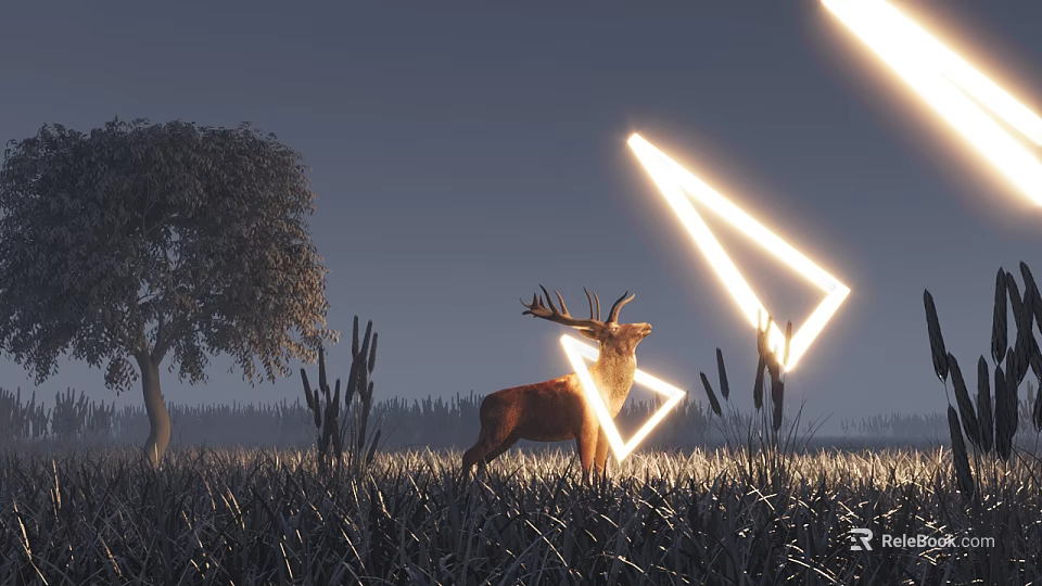 Mystical Fantasy Game Film Character Deer In Grassland With Glowing Triangle And Tree 3d model 