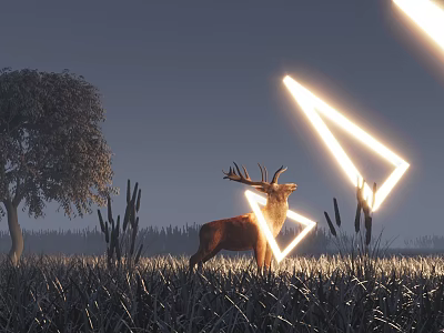 Mystical Fantasy Game Film Character Deer In Grassland With Glowing Triangle And Tree 3d model