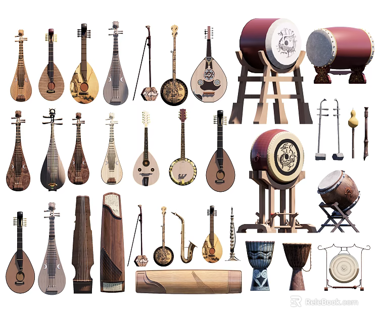 Various Traditional Chinese Musical Instruments Collection Featuring Pipa Drums And String Instruments 3d model 