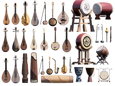 Various Traditional Chinese Musical Instruments Collection Featuring Pipa Drums And String Instruments 3d model