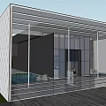 Modern Sales Office Building Architecture with Glass Curtain Wall White Roof And Blue Paved Ground