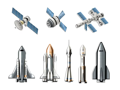 Various Types of Satellites and Rockets in Spacecraft Illustration Design 3d model