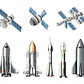Various Types of Satellites and Rockets in Spacecraft Illustration Design