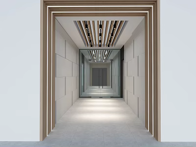 Modern Office Corridor Interior With Wooden Slat Ceiling And Paneled Walls 3d model