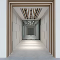 Modern Office Corridor Interior With Wooden Slat Ceiling And Paneled Walls