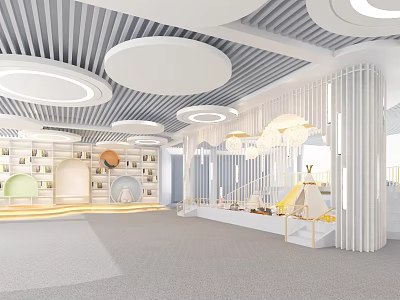 Modern Kindergarten Interior With Circular Ceiling Lights White Slatted Partitions Bookshelves And Slide 3d model