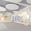 Modern Kindergarten Interior With Circular Ceiling Lights White Slatted Partitions Bookshelves And Slide