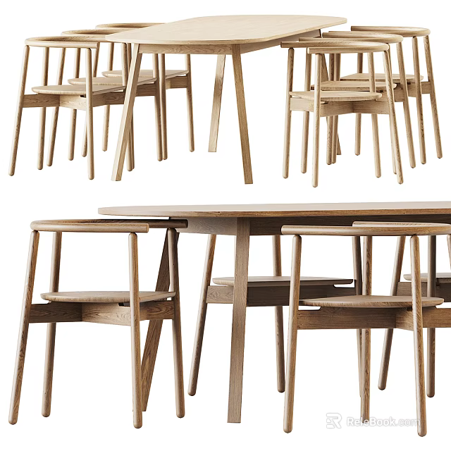 Natural Wooden Dining Table Set with Simple Design Chairs and Smooth Tabletop 3d model