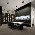 Modern Exhibition Hall Interior With Large Screen Display Shelves And Tables