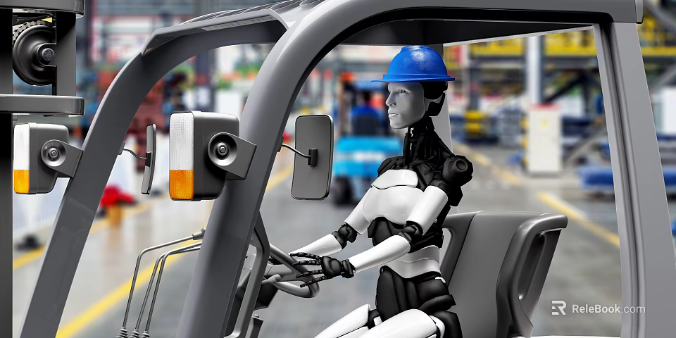 Intelligent Robot Driving Forklift With Blue Hard Hat In Industrial Factory 3d model 