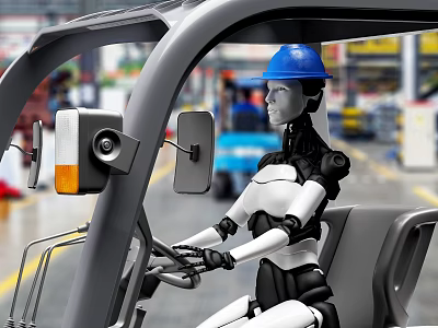 Intelligent Robot Driving Forklift With Blue Hard Hat In Industrial Factory 3d model