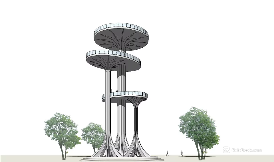 Roadside Observation Tower With Multi Level Circular Platforms Supporting Pillars And Trees 3d model 