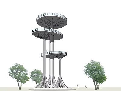 Roadside Observation Tower With Multi Level Circular Platforms Supporting Pillars And Trees 3d model