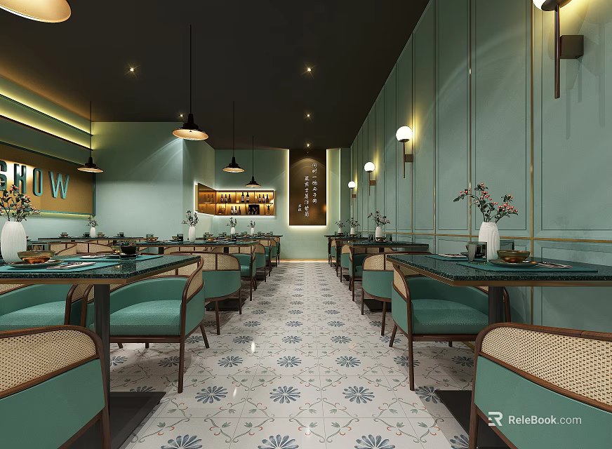 Light Luxury Modern Restaurant Interior With Light Green Furniture And Patterned Floors 3d model 