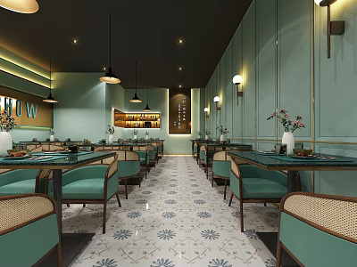 Light Luxury Modern Restaurant Interior With Light Green Furniture And Patterned Floors 3d model