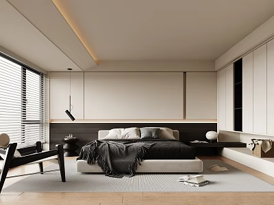 Modern Minimalist Bedroom Interior Design With Large Window Blinds Black Comforter And White Sheets 3d model