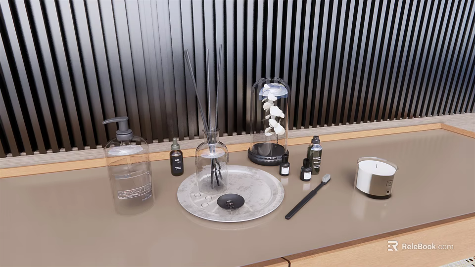 Stylish Modern Bathroom Accessories with Soap Dispenser Aromatherapy Diffuser and Candle 3d model 
