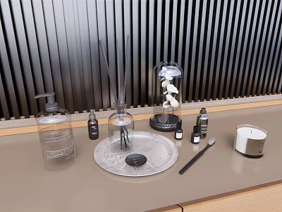 Stylish Modern Bathroom Accessories with Soap Dispenser Aromatherapy Diffuser and Candle 3d model