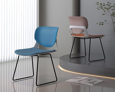 Modern Stylish Single Chair In Blue Pink With Curved Backrest And Metal Legs 3d model
