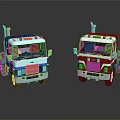 Blue And Red Trucks With Classic Cab Design And Reflective Surfaces