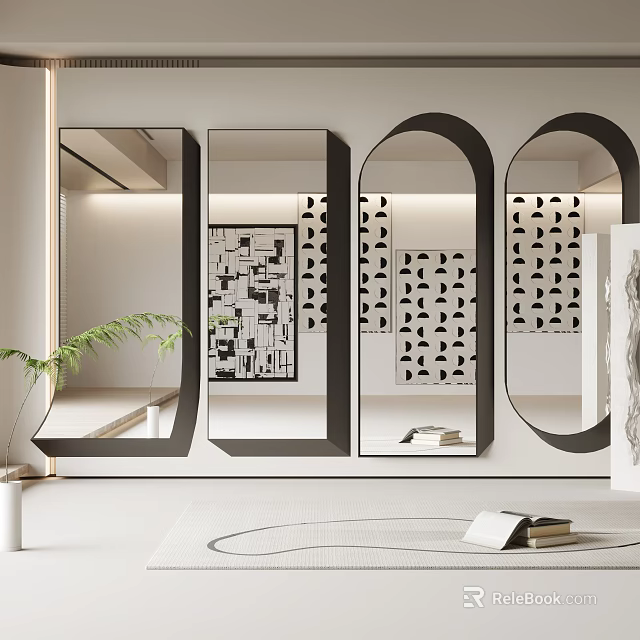 Modern Black Framed Multiple Mirrors With Oval Rectangular Shapes Decorative Wall And Green Plant 3d model 