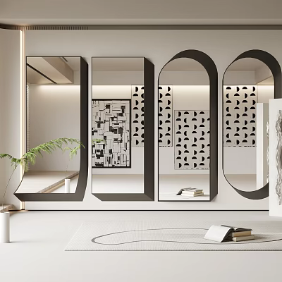 Modern Black Framed Multiple Mirrors With Oval Rectangular Shapes Decorative Wall And Green Plant 3d model