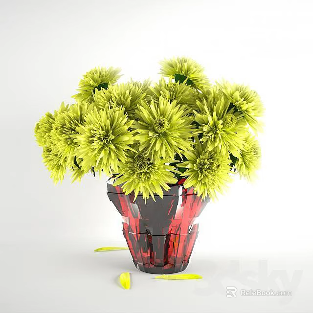 Red Transparent Vase With Beautiful Yellow Chrysanthemum Flowers On White Background 3d model 