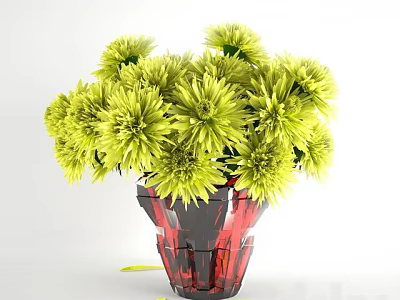 Red Transparent Vase With Beautiful Yellow Chrysanthemum Flowers On White Background 3d model
