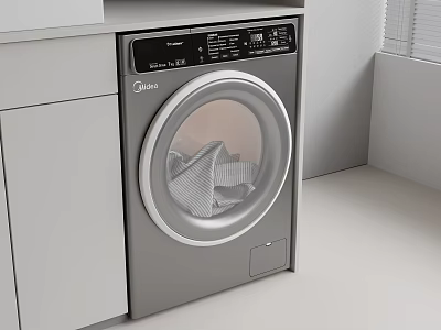 Midea Gray Washing Machine With Transparent Door And Clothes In Modern Laundry Room 3d model