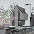 Modern Single Family House With Unique Roof Design Chimney And Swimming Pool Surrounded by Trees