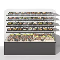 Transparent Glass Display Shelf With Multiple Layers Holding Boxed Food Items 3d model
