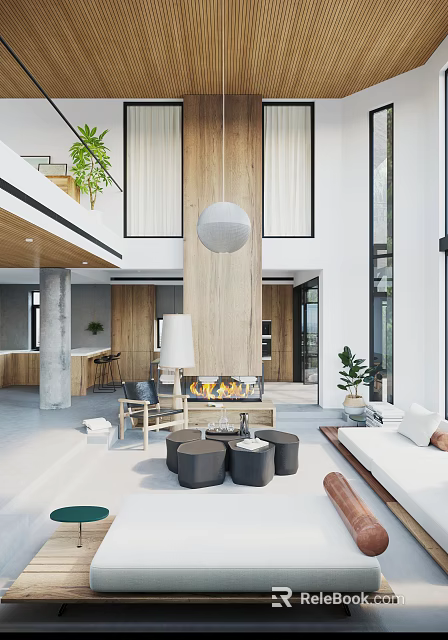 Duplex Living Room Interior Design With High Ceiling Wooden Fireplace And Hanging Lamp 3d model 