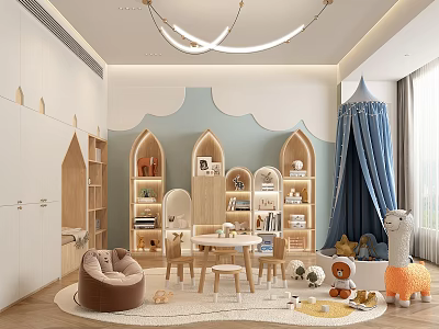 Cozy Modern Kids Playroom With Arched Bookshelves Toys And Seating 3d model