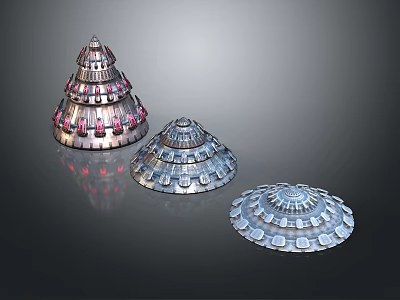 Futuristic Tiered Metallic Structures With Dome Like Design And Shiny Surfaces 3d model