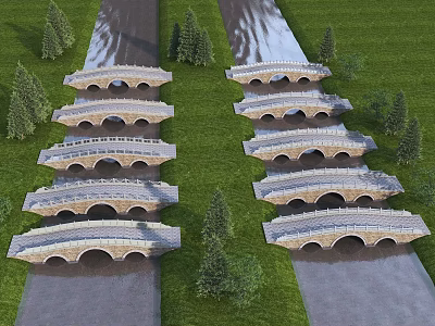 Multiple Stone Bridges Arranged Over Water Surface With Green Grass And Trees 3d model