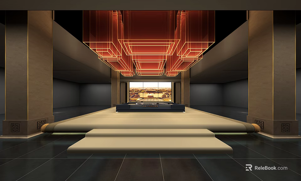 Spacious Interior With Red Geometric Chandelier Central Platform And Background Painting 3d model 