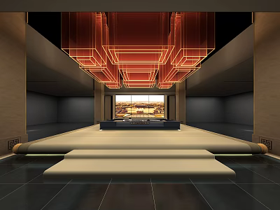Spacious Interior With Red Geometric Chandelier Central Platform And Background Painting 3d model